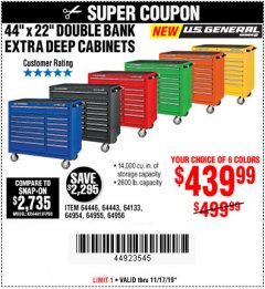 Harbor Freight Coupon 44" X 22" DOUBLE BANK EXTRA DEEP ROLLER CABINETS Lot No. 64444/64445/64446/64441/64442/64443/64281/64134/64133/64954/64955/64956 Expired: 11/17/19 - $439.99