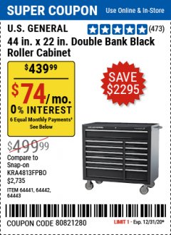 Harbor Freight Coupon 44" X 22" DOUBLE BANK EXTRA DEEP ROLLER CABINETS Lot No. 64444/64445/64446/64441/64442/64443/64281/64134/64133/64954/64955/64956 Expired: 12/31/20 - $439.99