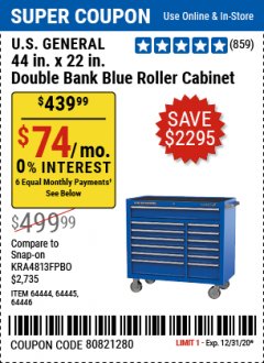Harbor Freight Coupon 44" X 22" DOUBLE BANK EXTRA DEEP ROLLER CABINETS Lot No. 64444/64445/64446/64441/64442/64443/64281/64134/64133/64954/64955/64956 Expired: 12/31/20 - $439.99