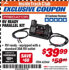 Harbor Freight ITC Coupon RV READY PARALLEL KIT Lot No. 62564 Expired: 9/30/19 - $39.99