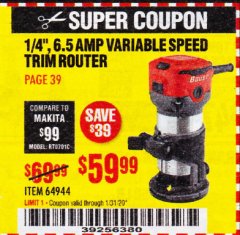 Harbor Freight Coupon 1/4" TRIM ROUTER Lot No. 62659/61626/44914 Expired: 1/31/20 - $59.99