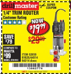 Harbor Freight Coupon 1/4" TRIM ROUTER Lot No. 62659/61626/44914 Expired: 7/2/20 - $19.99