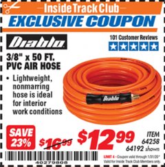 Harbor Freight ITC Coupon DIABLO 3/8" X 50 FT PVC AIR HOSE Lot No. 64192/64258 Expired: 1/31/20 - $12.99