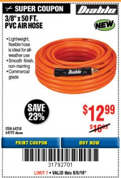 Harbor Freight Coupon DIABLO 3/8" X 50 FT PVC AIR HOSE Lot No. 64192/64258 Expired: 8/5/18 - $12.99