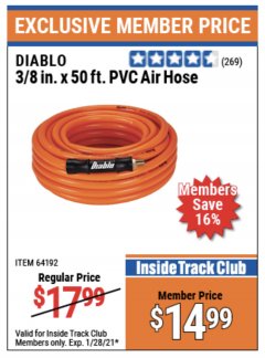 Harbor Freight ITC Coupon DIABLO 3/8" X 50 FT PVC AIR HOSE Lot No. 64192/64258 Expired: 1/28/21 - $14.99