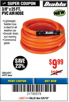 Harbor Freight Coupon DIABLO 3/8" X 25 FT. PVC AIR HOSE Lot No. 64191/64257 Expired: 8/5/18 - $9.99