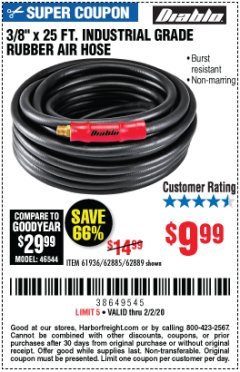 Harbor Freight Coupon DIABLO 3/8" X 25 FT. INDUSTRIAL GRADE RUBBER AIR HOSE Lot No. 61963/62885/62889 Expired: 2/2/20 - $9.99
