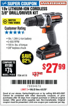Harbor Freight Coupon 18 VOLT LITHIUM CORDLESS 3/8" DRILL/DRIVER Lot No. 64118 Expired: 6/30/20 - $27.99