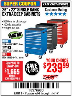 Harbor Freight Coupon 26" X 22" SINGLE BANK EXTRA DEEP CABINETS Lot No. 64434/64433/64432/64431/64163/64162/56234/56233/56235/56104/56105/56106 Expired: 1/14/19 - $239.99