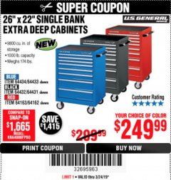 Harbor Freight Coupon 26" X 22" SINGLE BANK EXTRA DEEP CABINETS Lot No. 64434/64433/64432/64431/64163/64162/56234/56233/56235/56104/56105/56106 Expired: 3/24/19 - $249.99