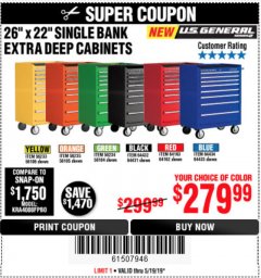 Harbor Freight Coupon 26" X 22" SINGLE BANK EXTRA DEEP CABINETS Lot No. 64434/64433/64432/64431/64163/64162/56234/56233/56235/56104/56105/56106 Expired: 5/19/19 - $279.99