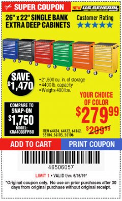Harbor Freight Coupon 26" X 22" SINGLE BANK EXTRA DEEP CABINETS Lot No. 64434/64433/64432/64431/64163/64162/56234/56233/56235/56104/56105/56106 Expired: 6/16/19 - $279.99
