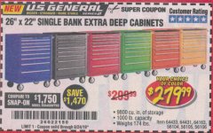 Harbor Freight Coupon 26" X 22" SINGLE BANK EXTRA DEEP CABINETS Lot No. 64434/64433/64432/64431/64163/64162/56234/56233/56235/56104/56105/56106 Expired: 8/24/19 - $279.99