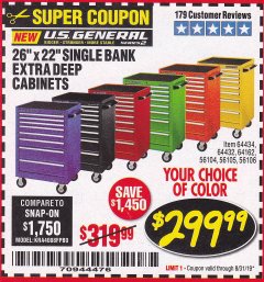 Harbor Freight Coupon 26" X 22" SINGLE BANK EXTRA DEEP CABINETS Lot No. 64434/64433/64432/64431/64163/64162/56234/56233/56235/56104/56105/56106 Expired: 8/31/19 - $299.99
