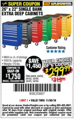 Harbor Freight Coupon 26" X 22" SINGLE BANK EXTRA DEEP CABINETS Lot No. 64434/64433/64432/64431/64163/64162/56234/56233/56235/56104/56105/56106 Expired: 11/30/19 - $299.99