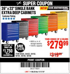 Harbor Freight Coupon 26" X 22" SINGLE BANK EXTRA DEEP CABINETS Lot No. 64434/64433/64432/64431/64163/64162/56234/56233/56235/56104/56105/56106 Expired: 11/17/19 - $279.99