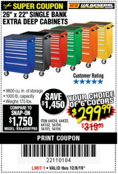 Harbor Freight Coupon 26" X 22" SINGLE BANK EXTRA DEEP CABINETS Lot No. 64434/64433/64432/64431/64163/64162/56234/56233/56235/56104/56105/56106 Expired: 12/8/19 - $299.99