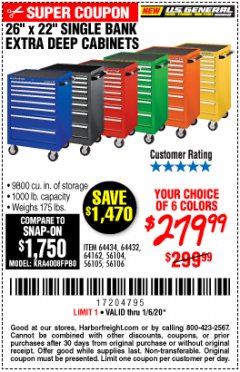 Harbor Freight Coupon 26" X 22" SINGLE BANK EXTRA DEEP CABINETS Lot No. 64434/64433/64432/64431/64163/64162/56234/56233/56235/56104/56105/56106 Expired: 1/6/20 - $279.99