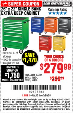 Harbor Freight Coupon 26" X 22" SINGLE BANK EXTRA DEEP CABINETS Lot No. 64434/64433/64432/64431/64163/64162/56234/56233/56235/56104/56105/56106 Expired: 3/29/20 - $279.99