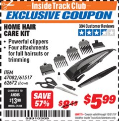 Harbor Freight ITC Coupon HOME HAIR CARE KIT Lot No. 47082/61517/62672 Expired: 10/31/19 - $5.99
