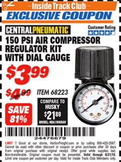 Harbor Freight ITC Coupon 150 PSI AIR COMPRESSOR REGULATOR KIT WITH DIAL GAUGE Lot No. 68223 Expired: 8/31/18 - $3.99