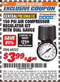 Harbor Freight ITC Coupon 150 PSI AIR COMPRESSOR REGULATOR KIT WITH DIAL GAUGE Lot No. 68223 Expired: 12/31/18 - $3.99