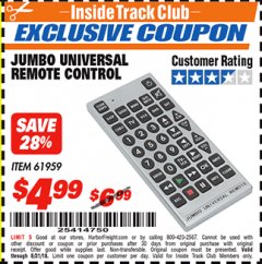 Harbor Freight ITC Coupon JUMBO UNIVERSAL REMOTE CONTROL Lot No. 61959 Expired: 8/31/18 - $4.99