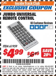 Harbor Freight ITC Coupon JUMBO UNIVERSAL REMOTE CONTROL Lot No. 61959 Expired: 12/31/18 - $4.99