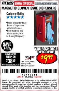 Harbor Freight Coupon U.S. GENERAL MAGNETIC GLOVE/TISSUE DISPENSER Lot No. 69322/98195 Expired: 11/24/19 - $9.99