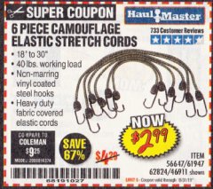 Harbor Freight Coupon 6 PIECE CAMOUFLAGE ELASTIC STRETCH CORDS Lot No. 56647/61947/62824/46911 Expired: 10/31/19 - $2.99