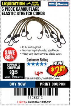 Harbor Freight Coupon 6 PIECE CAMOUFLAGE ELASTIC STRETCH CORDS Lot No. 56647/61947/62824/46911 Expired: 10/31/19 - $2.89