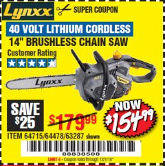 Harbor Freight Coupon LYNXX 40 V LITHIUM CORDLESS 14" BRUSHLESS CHAIN SAW Lot No. 64715/64478/63287 Expired: 12/1/18 - $154.99