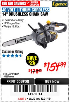 Harbor Freight Coupon LYNXX 40 V LITHIUM CORDLESS 14" BRUSHLESS CHAIN SAW Lot No. 64715/64478/63287 Expired: 12/31/18 - $154.99