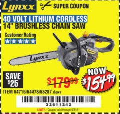 Harbor Freight Coupon LYNXX 40 V LITHIUM CORDLESS 14" BRUSHLESS CHAIN SAW Lot No. 64715/64478/63287 Expired: 9/3/19 - $154.99