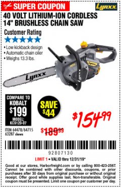 Harbor Freight Coupon LYNXX 40 V LITHIUM CORDLESS 14" BRUSHLESS CHAIN SAW Lot No. 64715/64478/63287 Expired: 12/31/19 - $154.99