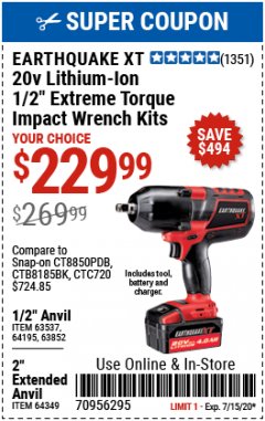 Harbor Freight Coupon EXTREME TORQUE 1/2" IMPACT WRENCH KIT Lot No. 63852 Expired: 7/15/20 - $229.99