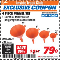 Harbor Freight ITC Coupon 4 PIECE FUNNEL SET Lot No. 744/61941 Expired: 1/31/20 - $0.79