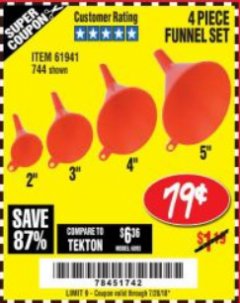 Harbor Freight Coupon 4 PIECE FUNNEL SET Lot No. 744/61941 Expired: 7/29/18 - $0.79