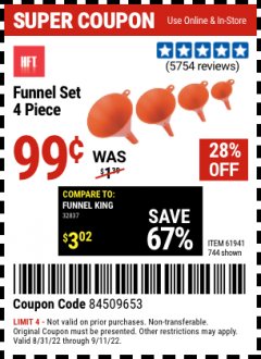 Harbor Freight Coupon 4 PIECE FUNNEL SET Lot No. 744/61941 Expired: 9/11/22 - $0.99