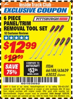 Harbor Freight ITC Coupon PANEL/TRIM REMOVAL TOOL SET 6 PC. Lot No. 63639/66188/63032 Expired: 12/31/18 - $12.99