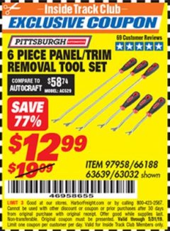 Harbor Freight ITC Coupon PANEL/TRIM REMOVAL TOOL SET 6 PC. Lot No. 63639/66188/63032 Expired: 5/31/19 - $12.99