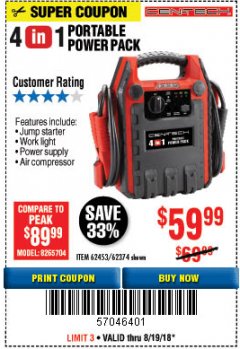 Harbor Freight Coupon 4 IN 1 PORTABLE POWER PACK Lot No. 62453/62374 Expired: 8/19/18 - $59.99
