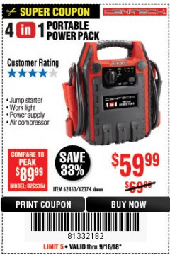 Harbor Freight Coupon 4 IN 1 PORTABLE POWER PACK Lot No. 62453/62374 Expired: 9/16/18 - $59.99