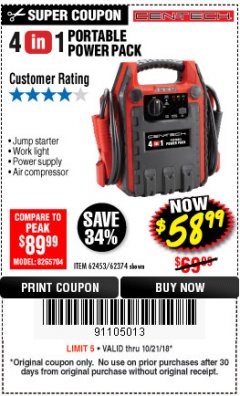 Harbor Freight Coupon 4 IN 1 PORTABLE POWER PACK Lot No. 62453/62374 Expired: 10/21/18 - $58.99