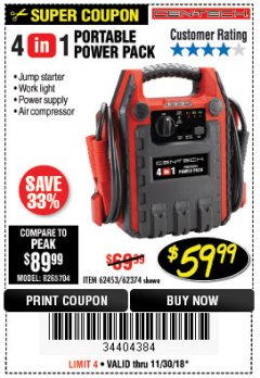 Harbor Freight Coupon 4 IN 1 PORTABLE POWER PACK Lot No. 62453/62374 Expired: 11/30/18 - $59.99