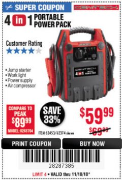 Harbor Freight Coupon 4 IN 1 PORTABLE POWER PACK Lot No. 62453/62374 Expired: 11/18/18 - $59.99