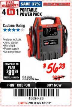 Harbor Freight Coupon 4 IN 1 PORTABLE POWER PACK Lot No. 62453/62374 Expired: 1/31/19 - $56.23