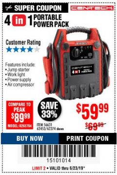 Harbor Freight Coupon 4 IN 1 PORTABLE POWER PACK Lot No. 62453/62374 Expired: 6/23/19 - $59.99