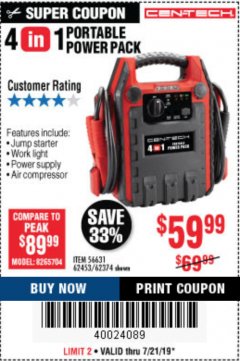 Harbor Freight Coupon 4 IN 1 PORTABLE POWER PACK Lot No. 62453/62374 Expired: 7/21/19 - $59.99