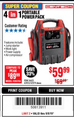 Harbor Freight Coupon 4 IN 1 PORTABLE POWER PACK Lot No. 62453/62374 Expired: 9/9/19 - $59.99